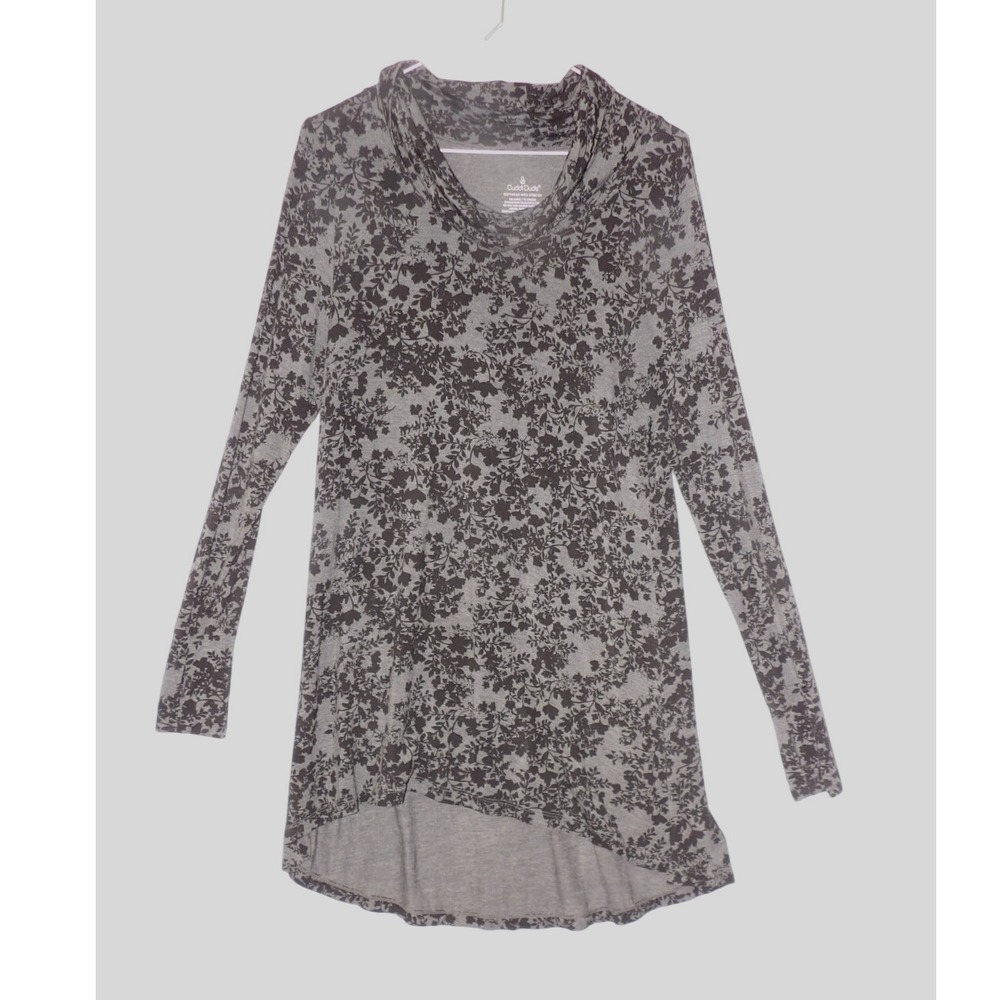 Medium CuddlDuds Floral Cowl Neck Long Sleeve Tunic Top Gray Black Womens M